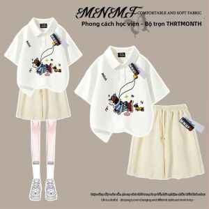 Bộ Áo Polo và Quần Short Cotton Sạch cho Bé Gái Mẫu Mới Mùa Hè Họa Tiết Chó Size M đến L