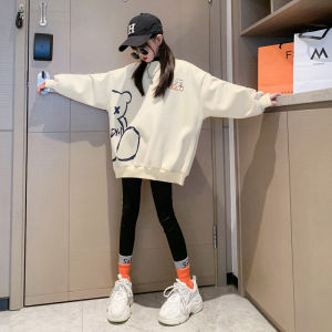 Fashionable Long Hoodie Girls Spring Clothes Butt Covering Trendy Kids Polyester Inner Sleeve PU Material Korean Style