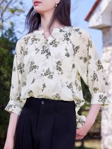 WANGGONGZHU | Summer Thin Floral Lace Womens Shirt Casual Loose Style Seven Sleeve Tops Tianli V-neck Polyester Fiber Princess Style