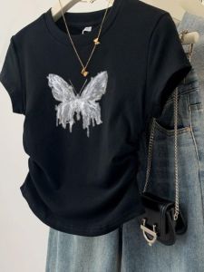 เสื้อยืดแขนสั้นผู้หญิงสีดำ ทรงเข้ารูป ทรงปกติ ทรงเข้ารูป คอปกสี่เหลี่ยม สไตล์ลำลอง สำหรับฤดูร้อน 2025 เสื้อยืดผู้หญิง