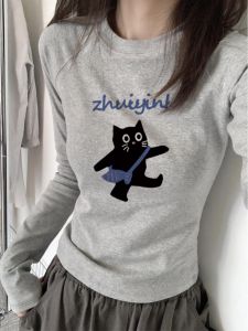 American Retro Pure Cotton Long Sleeves T-Shirt Womens Autumn and Winter Silm Short Pure Desire Tops Inner Bottoming Shirt