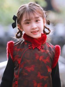 Childrens Cheongsam Winter Vest Skirt Girl New Years Clothes Retro Tang Suit Qipao Dress National Style Childrens Clothing