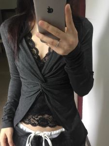 Áo Thun Nữ Dài Tay Phong Cách Ngọt Ngào Gợi Cảm Thường Ngày Mùa Xuân Thu Tay Dài Cổ Chữ V Không Có Đệm Ngực Áo Thun Cotton