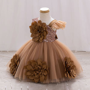 New Red Single Shoulder Sparkling Flying Sleeve Babys Birthday Party Dress 0-6 Year Old Girl Pageant Dresses for Toddler Girls