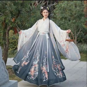 【Ready stock】Hanfu Wei and Jin Dynasties men and women with the same style big sleeved shirt cross collar waist skirt daily student suit