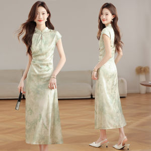 ชุดเดรสยาวสไตล์จีนใหม่สำหรับผู้หญิงในฤดูร้อน ชุดเดรสยาวสไตล์น้ำตาลปีกปลา สไตล์ย้อนยุค เดรสยาวสุดสง่างาม
