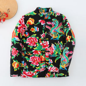 เสื้อยัดนุ่นผ้าฝ้ายคอตตอนลายดอกใหญ่ภาคตะวันออกเฉียงเหนือเสื้อยัดนุ่นให้ความอบอุ่นเพิ่มความหนาใส่ช่วงฤดูหนาวที่นิยมในโลกออนไลน์สำหรับผู้ชายเสื้อโค้ทคู่รักเข้ารูปสำหรับเจ้าบ่าว