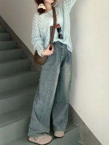 Retro Washed High Waist Crimp Drooping Straight Denim Female Spring & Fall New Arrival Loose Slimming and Wide Leg Mop Pants
