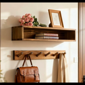 สไตล์เรโทร แบบแขวนผนัง ชั้นวางของ ไม้สีน้ำตาล 6ขอแขวน เหมาะสำหรับห้องนั่งเล่น ห้องนอน ทางเข้าห้องอ่านหนังสือ
