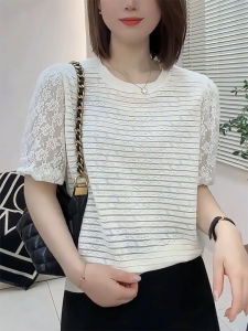 QINGNAER | Lace Crochet Mesh Spliced Fluffy Sleeve Lightweight Sweater