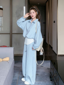 Blue Casual Sports Style Short Sweatshirt Set Womens Spring 2025 High Waist Wide Leg Sweatpants Two Piece Set Fashionable
