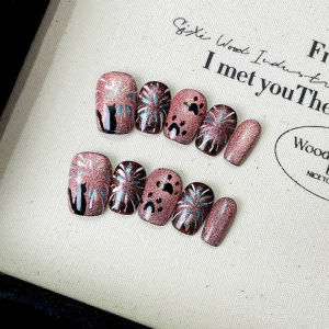 Handmade Short Cat Eye Nail Art Glue-On False Nails Removable Phototherapy White Light Cat Drawing Design Nail Patches