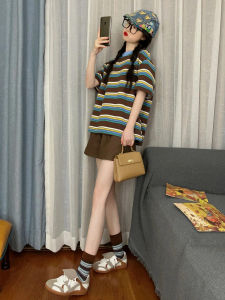 Bộ Đồ Thể Thao Thoải Mái Khối Màu Mùa Hè Sọc Cổ Điển Tay Ngắn Đa Năng Quần Short Quần Đùi Hai Mảnh Sinh Viên Trang Phục