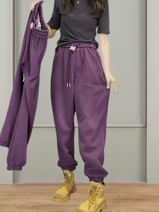 กางเกงกีฬาเอวสูงสีม่วง กางเกงขายาวทรงหลวมสไตล์ฮาราจูกุสำหรับผู้หญิง ฤดูใบไม้ผลิและฤดูใบไม้ร่วง กางเกงขายาวทรงสลิมฟิตสำหรับผู้หญิง