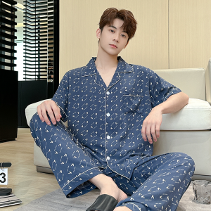 ชุดนอนผู้ชาย ชุดอยู่บ้านแขนสั้นผ้าไหมคอตตอนฤดูร้อน 2025 ทรงหลวม แขนสั้น ผ้าบาง ชุดอยู่บ้าน ชุดนอนแบบลำลอง