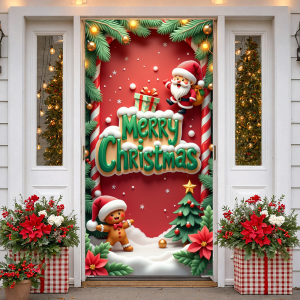 Christmas Door Cover Decorations Santa Claus Send Gift Background Banner for Indoor Outdoor Home Porch Holiday Decor Supplies