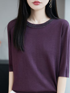 เสื้อยืดคอกลมแขนสั้นผ้าขนสัตว์เนื้อนุ่มสำหรับผู้หญิง เสื้อเชิ้ตลายทางสไตล์ฝรั่งเศส เสื้อคลุมกันหนาวแบบสวมหัว