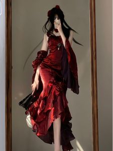 New Year Cosplay Red Rose Fish Tail Skirt Lolita Elegant Goddess Ladys Dress Anime Costume Elegant Ladys Gown for Party