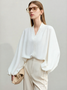 AMII | Embroidered Lettering Loose Casual V-neck Chiffon Blouse