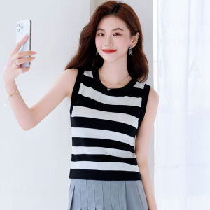 Ice Silk Vest Womens Strap Summer Small Size Thick Strip Short Knitted Sleeveless Top round Neck Breathable Casual Inner Wear