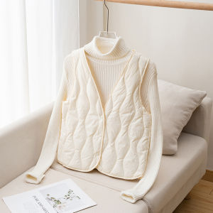 Womens Fleece Vest V-Neck Inner Wear Short Style Button Splice Design Thermal Slim Fit Cotton down Vest for Autumn Winter