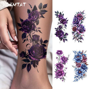 4pcs Waterproof Temporary Tattoo Sticker Romantic Blue Purple Rose Lily Peony Flower Body Art Arm Fake Tattoos Sleeve Women Men