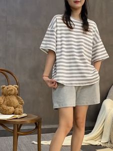 Baju Tidur Set Setelan 4599-set Baju Pendek Celana Pendek Oversize Piyama Import Korea Motif Garis
