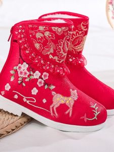 Girls Hanfu Snow Boots Embroidered Fleece Lined Beijing Style Childrens Shoes Traditional New Year Tang Costume Footwear