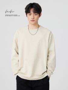 เสื้อยืดคอกลมแขนยาวผู้ชาย ผ้าฝ้ายแท้ น้ำหนักเบา ทรงหลวม แฟชั่นฤดูใบไม้ผลิและฤดูใบไม้ร่วง เสื้อเชิ้ตพื้นฐาน