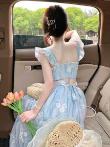 Beach Beautiful Summer Fairy Tale Blue Backless Floral Long Dress Womens Sleeveless Dress High Waist A-Line Gown Korean Style