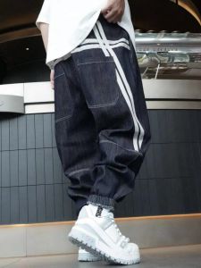 กางเกงยีนส์ทรงหลวมสไตล์ฮาราจูกุสำหรับผู้ชาย ทรงขาตรง ทรงหลวม กางเกงยีนส์ทรงหลวมสำหรับฤดูใบไม้ร่วง