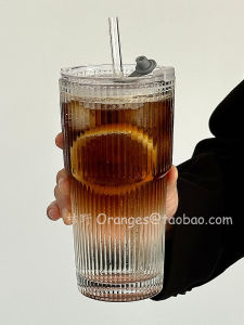 Large Capacity Glass Cup with Lid And Straw Vertical Stripe Retro Orange Water Cup Ice Coffee Drink Cup Vintage Style round Shape