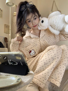 ชุดนอนผ้าฝ้ายอากาศหนาสำหรับผู้หญิง ฤดูใบไม้ร่วงและฤดูหนาว 2025 ใหม่ลายจุดน่ารัก สไตล์นักเรียน เสื้อผ้าใส่ในบ้าน ชุดสองชิ้น