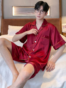 LEZIMENG | Men Summer Ice Silk Short Sleeve Shorts Set Red