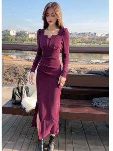Elegant Velvet Wrap Dress Womens Autumn Winter Slimming Base Layer Skirt Long Sleeve Square Collar Gentle Style Fashionable