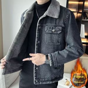 Mens Denim Jacket Fleece Lined Thick Winter Lamb Fur Casual Style Korean Version Wear Resistant Dirty Flip Collar Jacket