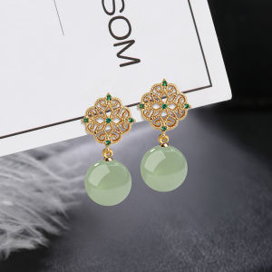New 2025 Style Hoops Earrings Ethnic Chinese Design Jadeite Quartzite Vintage Fashion Womens Studs  out Silver Plated Jewelry