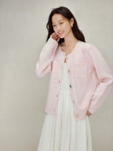 INMAN | Wool Pink Round Neck Long Sleeve Knit Cardigan