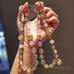 Handmade Short Beaded Bracelet Womens Premium Glass Pearl Mobile Phone Lanyard Keychain Butterfly Crystal Flower Tag Decorative
