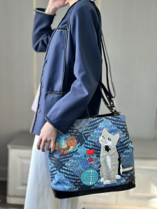 New Woven Fabric Cartoon Bag with Embroidery and Patchwork Large Capacity Tote Handbag