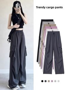 American Style Womens Cargo Pants High Waist Loose Fit Spring Autumn Casual Hiking Pants Parachute Design Straight Leg