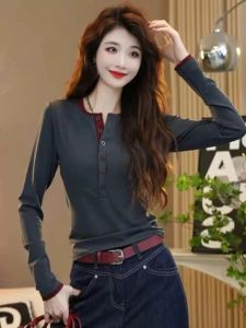 Stylish Niche Style Long Sleeves T-shirt Womens Autumn New Arrival Fashionable Stylish round Neck Contrast Color Breasted Slimming Bottoming Top
