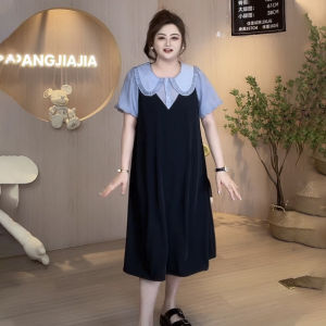 Chubby Jiajia Plus Size Womens Doll Collar False Two-Piece Patchwork Dress Womens Summer Plus Size Ladies Super Slimming Loose Dress