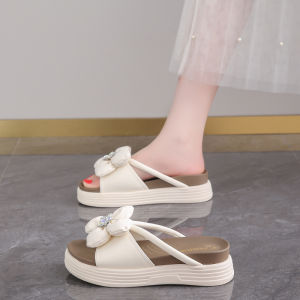 Elegant Thick Heel Slippers Womens Summer 2024 New Beach Shoes Design Floral Fairy Style Outdoor Wear Flat Heel Casual Footwear