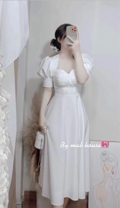 SONO - Đầm trắng có tay dáng dài thêu 3 cành