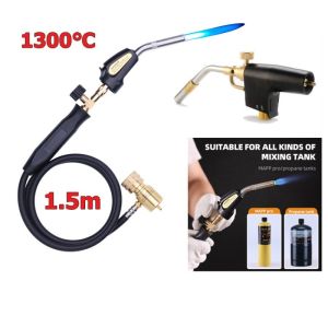 MAPP Gas Torch Portable Potuem Propane Gas Torch Welding Propane Torch With 1.5m Hose Self Ignition Trigger Blow Torch Plumbing With Adjustable Flame Control Knob For Air Conditioning Refrigerator Welding Heating Soldering G-un