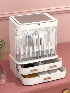Large Capacity Cosmetic Storage Box with LED Light Dustproof Home Use Mirror for Perfume Lipstick Organization Desktop Rack