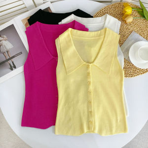 Slim Fit Knitted Vest Womens Fashionable Summer 2024 Sleeveless Turn-down Collar Pure Desire Style Versatile Trendy Top