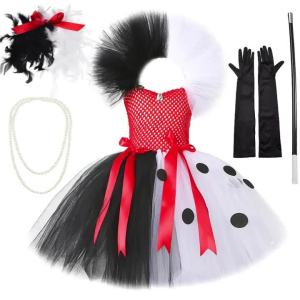 Black and White Spotted Performance Dress for Girls Fluffy Tulle Tutu SkirtExquisite Girl Dress for Halloween Carnival Parties