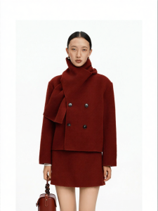 New Year Red Merino Wool Scarf Collar Coat